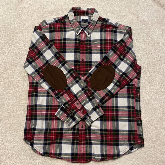 J.Crew Colorful Plaid Button Down Flannel with Brown Elbow Patches EUC Size XL - Picture 3 of 6